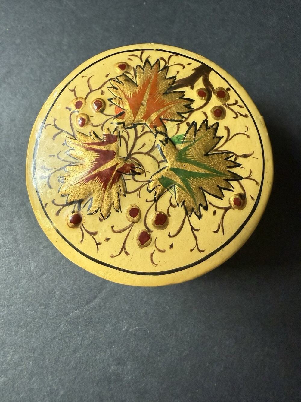 Vintage Handcrafted Round Paper Mache Floral Trinket Box Floral Lacquered Boho